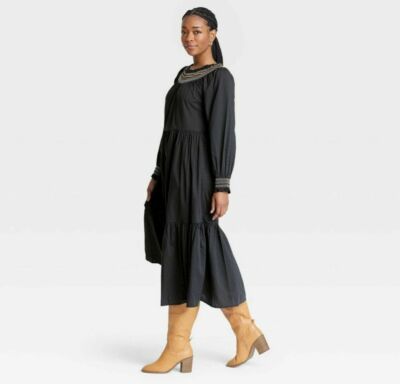 balloon long sleeve tiered dress Donna Morgan Women's Geo-Print Maxi Dress - Cream/Powder