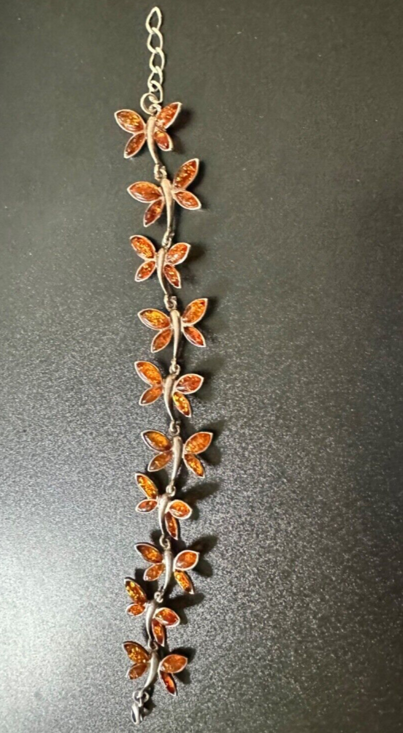 925 Solid Sterling Silver Link Bracelet Amber But… - image 1