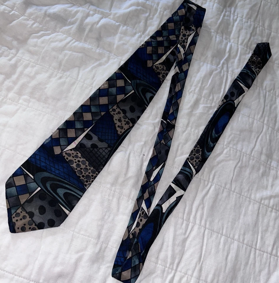 复古 Via Manzoni 领带蓝色抽象艺术 100% 意大利丝绸 62 — 第 4/4 张图片