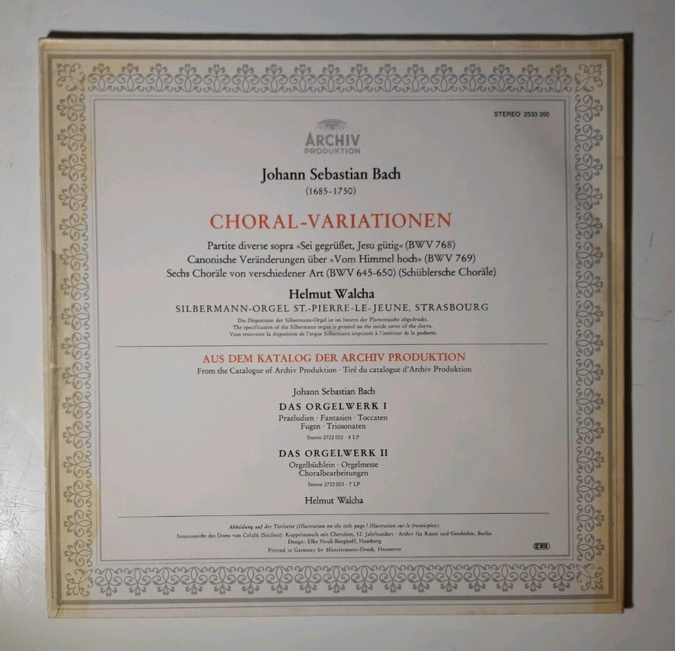 Johann Sebastian Bach, Helmut Walcha - Choral-Variationen LP GF NM | Archiv Prod - Bild 2 von 4