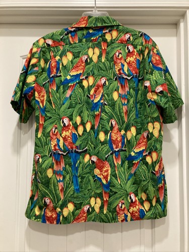 Vintage 80's Hilo Hattie Hawaiian Green Shirt Parrots Macaws SZ XL Button Down - Picture 5 of 11