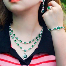 Green Round Drop Earring Necklace Bracelet Ring Silver Plated Zircon Jewelry Set