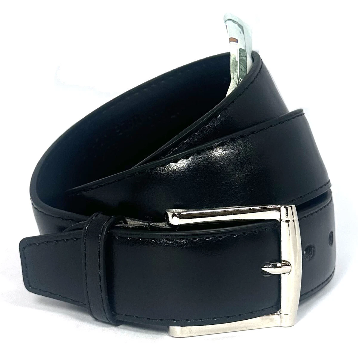 16" Zipper. 1-1/2" Width Leather Black Money Belt 3 Size Available: M, L or XL