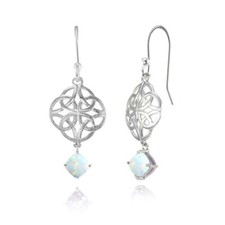 Celtic Knot 4x4mm Cushion-Cut Simulated Opal Dangle Earrings in Sterling Silver