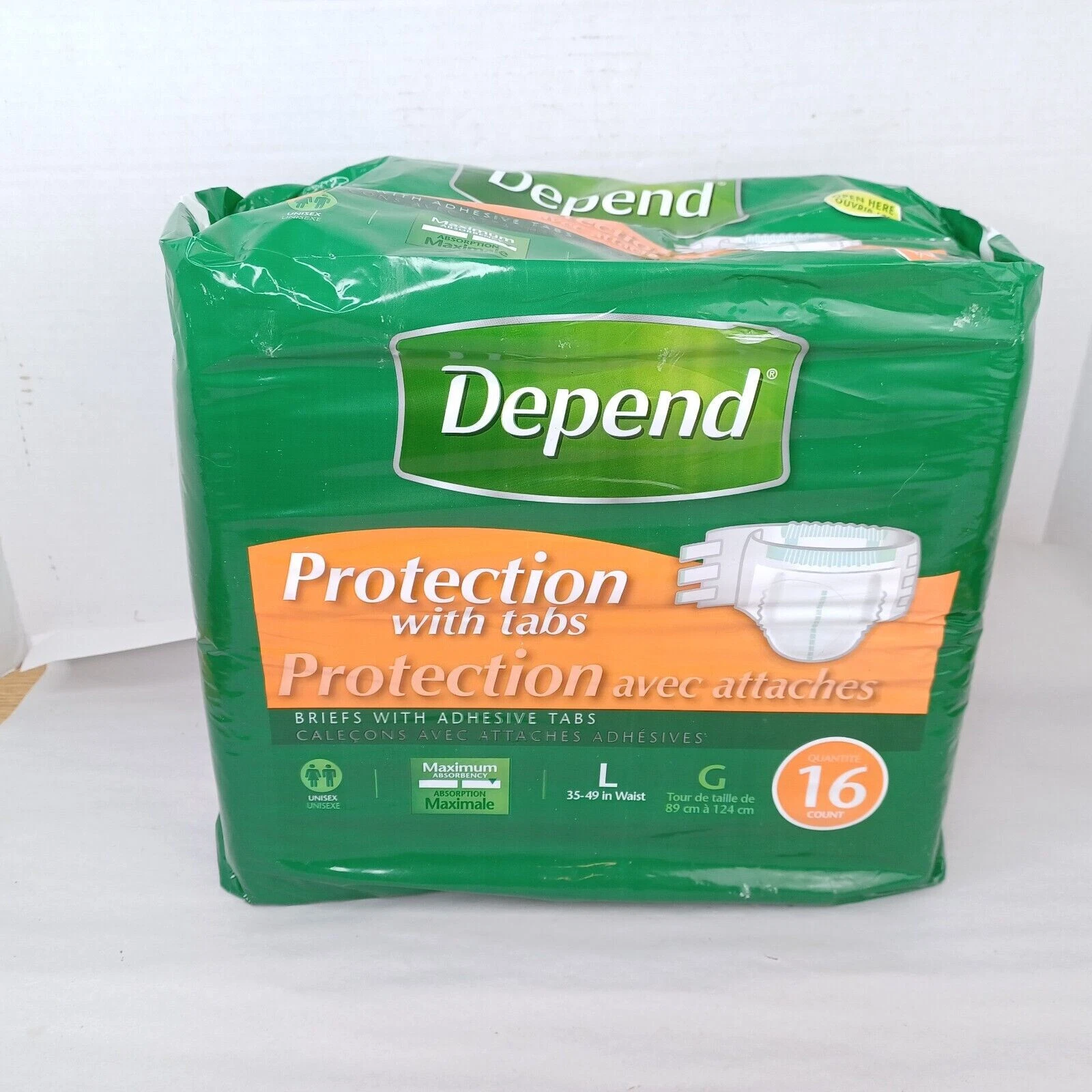 Depend Incontinence Protection W/ Tabs Unisex Size Large 16 Count Adult Diaper