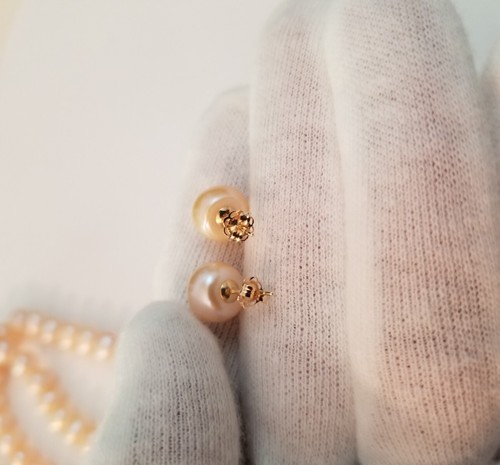 14K Set- Peachy Pink Pearl 18 Inch Strand, 7 Inch Bracelet, & Stud Earrings - Picture 12 of 14