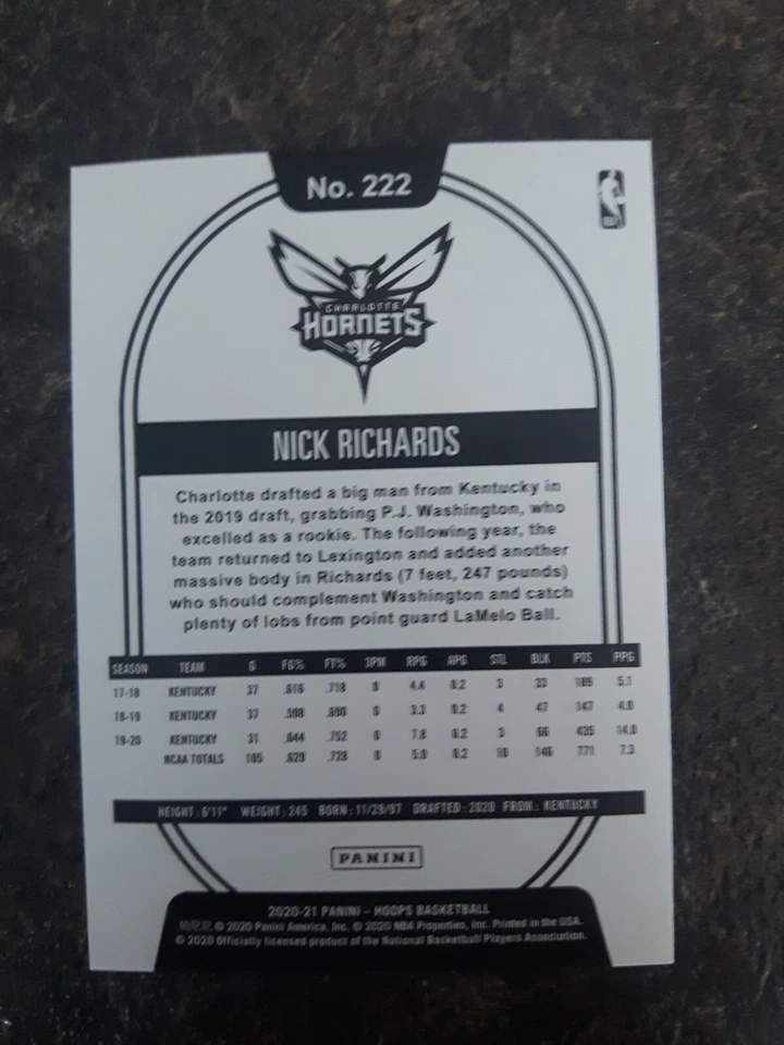 2020-21 Panini NBA Hoops Rookie Nick Richards RC Card# 222 - Image 2 of 2