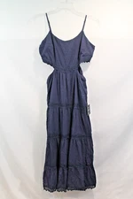 Lulus Dress Cutout Maxi Womens size M Navy Blue Texture Dot Lace Tiered Trim