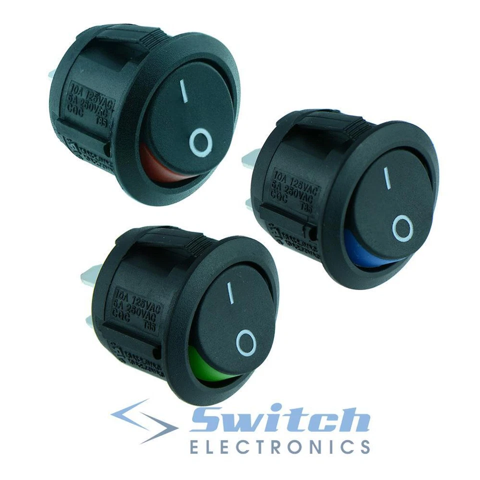 SWITCH ELECTRONICS Red Blue Green Round On-Off ‘Visi On’ Rocker Switch SPST Circular 10A 250V