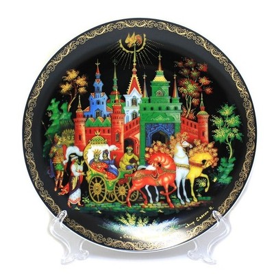 8'' Golden Cockerel Palekh Decorative Plate Russian Porcelain Collectible Plate
