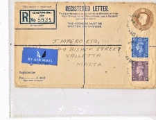 1948 51/2d GVI  UK registerd postal stationery cover to Valetta