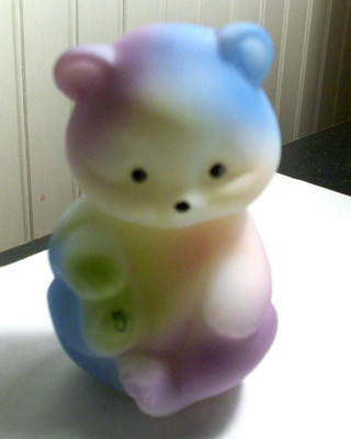 FENTON Tye (tie) Dye satin art glass  sitting bear H.P. signed E Lowe Very Rare