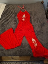 Vintage 70S ESTIVO Red JUMPSUIT LACE APPLIQUE FLARED LEGS AWESOME SMALL