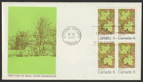 Canada #536, Maple Leaves in Summer, Block, Official First Day Cover, FDC 1971