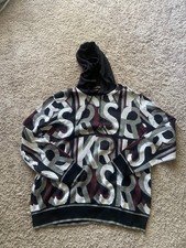 Michael Kors Sweater Mens Large Gray Hooded Knit KORS Allover Graphic Pullover