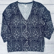 Lucky Brand John Robshaw Cashmere Cardigan Sweater Tribal Boho Navy Cream Medium