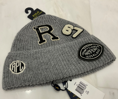 帽子 Old RRL wool knit cap Ralph Lauren NWT Polo Ralph Lauren Gray #67 - PRL - BIG R - FOOTBALL Patch Knit
