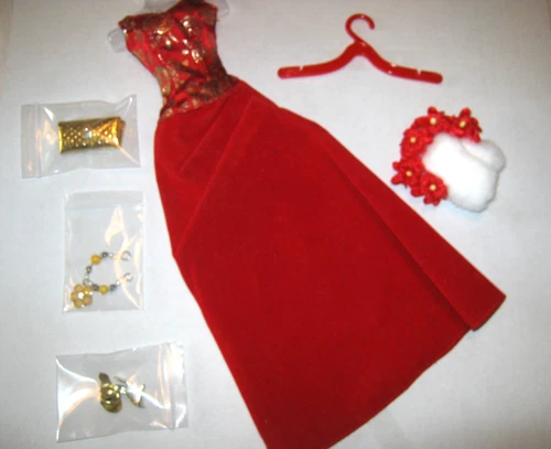 BARBIE FASHION CLOTHES ~ RED VELVET+ GOLD BROCADE OUTFIT w/ACCESSORIES SET