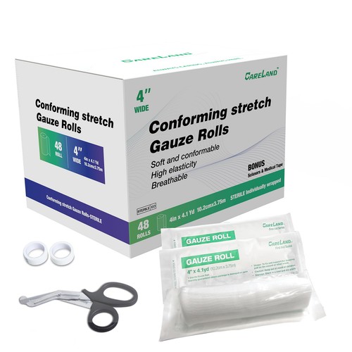 Sterile Gauze Rolls -48 Rolls 4inches X 4.1yd-Bonus Medical Tape & Bandage Sc...