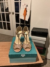 Betsey Johnson Women's Gold Glitter T-Strap Open Toe Stiletto Heels 9
