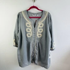 Avenue Gray Ivory Embellished Linen Blend Tunic Top Size 22/24