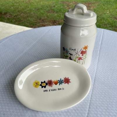 Rae Dunn Artisan Collection by Magenta Floral BLOOM 8  Canister & Lid W Mom Dish