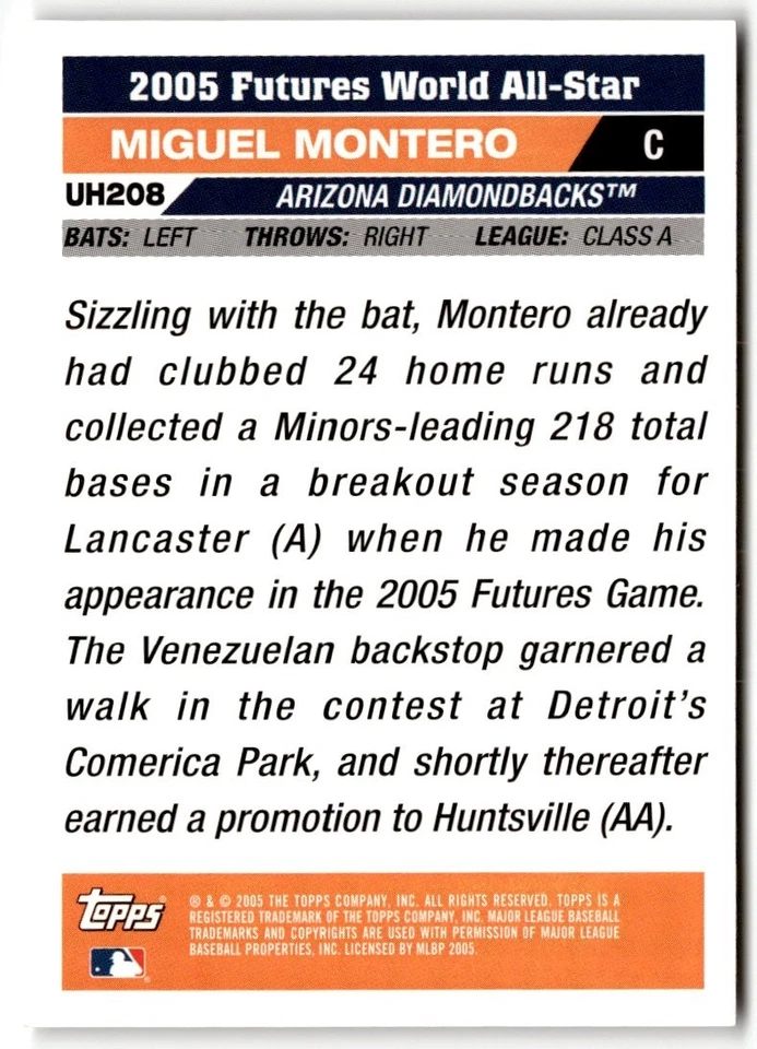 Miguel Montero 2005 Topps Updates & Highlights Rookie #UH208 Arizona - Image 2 of 2