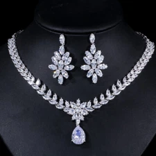 White Crystal CZ Long Dangling Leaf Drop Wedding Necklace Earrings Jewelry Set