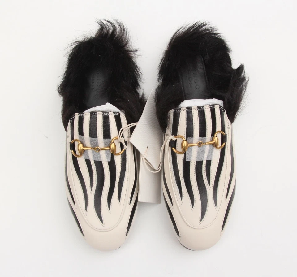 GUCCI 'Princetown' Fur Horsebit Mules Black White Zebra Slides Sz 36/6