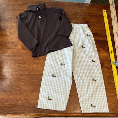 Boys zuccini kids cream plaid duck embroidered pants brown shirt set size 6