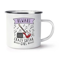 Beware VerrüCkte Gitarre MäDchen Emaille Becher Tasse Scherz Musik Rock Daughter