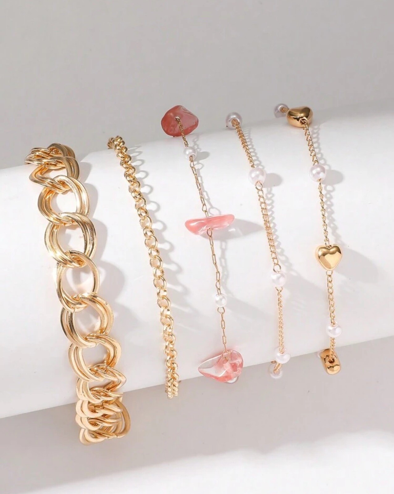 Bracelet pierre rose femme fin doré or véritable en lot de 5 fines chaînes délicates