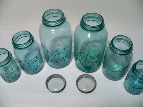 Ball Perfect Mason Set of 6 Jars, 3 Sizes, 1923-1933, Blue Aqua Canning - Picture 4 of 24