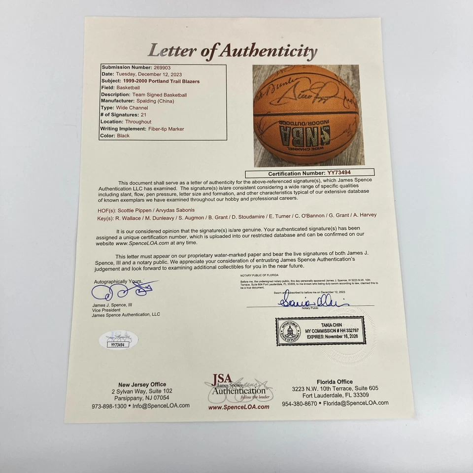 Scottie Pippen 1999-2000 Portland Trail Blazers Team Signed Basketball JSA COA - Image 2 of 4