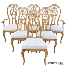 Vintage Italian Baroque Rococo Carved Wood Fretwork Dining Chairs - Set of 6