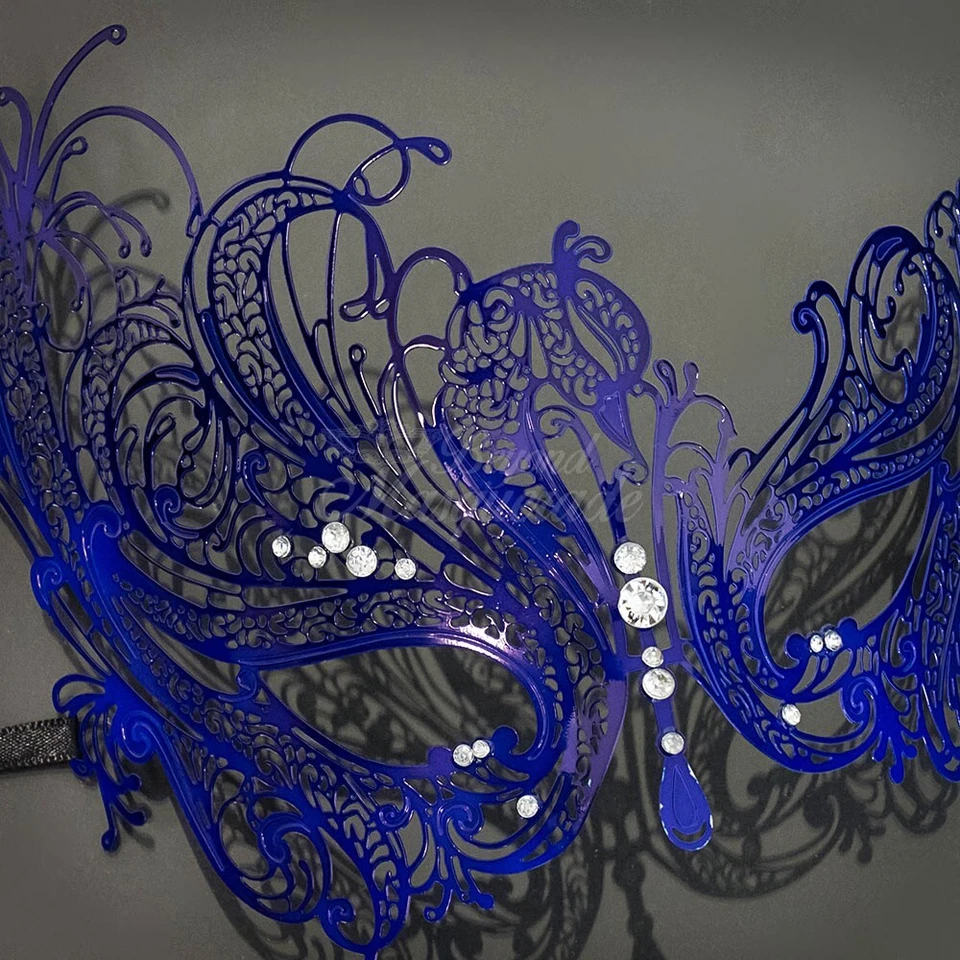 Womens Beautiful Swan Filigree Laser-Cut Light Metal Masquerade Prom Mask [Blue] - Image 4 of 4