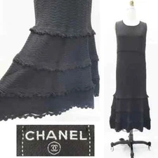 CHANEL Black Knit Flapper Style Sleeveless DRESS W/Flared Skirt Logo Button 46
