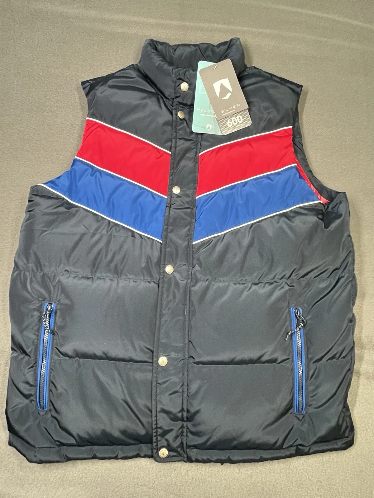 Lands End Down Vest Mens L HyperDry Water Resistant Down Retro Stripe NWT
