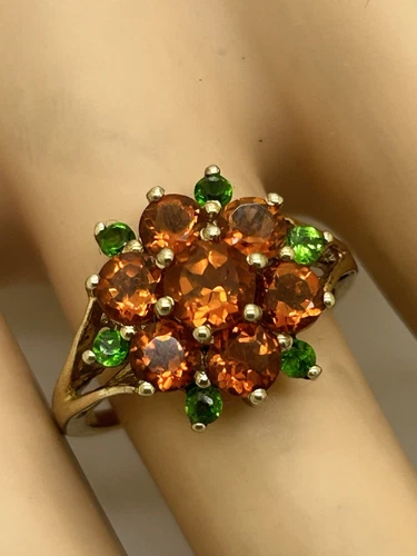 925 Sterling Silver Vintage Green & Orange Zircon Stones Flower Shape Ring Sz 7.