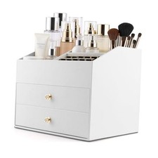 Makeup Organizer with Drawers, PU Leather Cosmetic Storage Box Large White