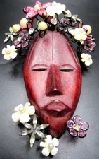 LAWRENCE VRBA Amazing Pink Poured Glass Flowers Wooden Mask Vintage Brooch Pin
