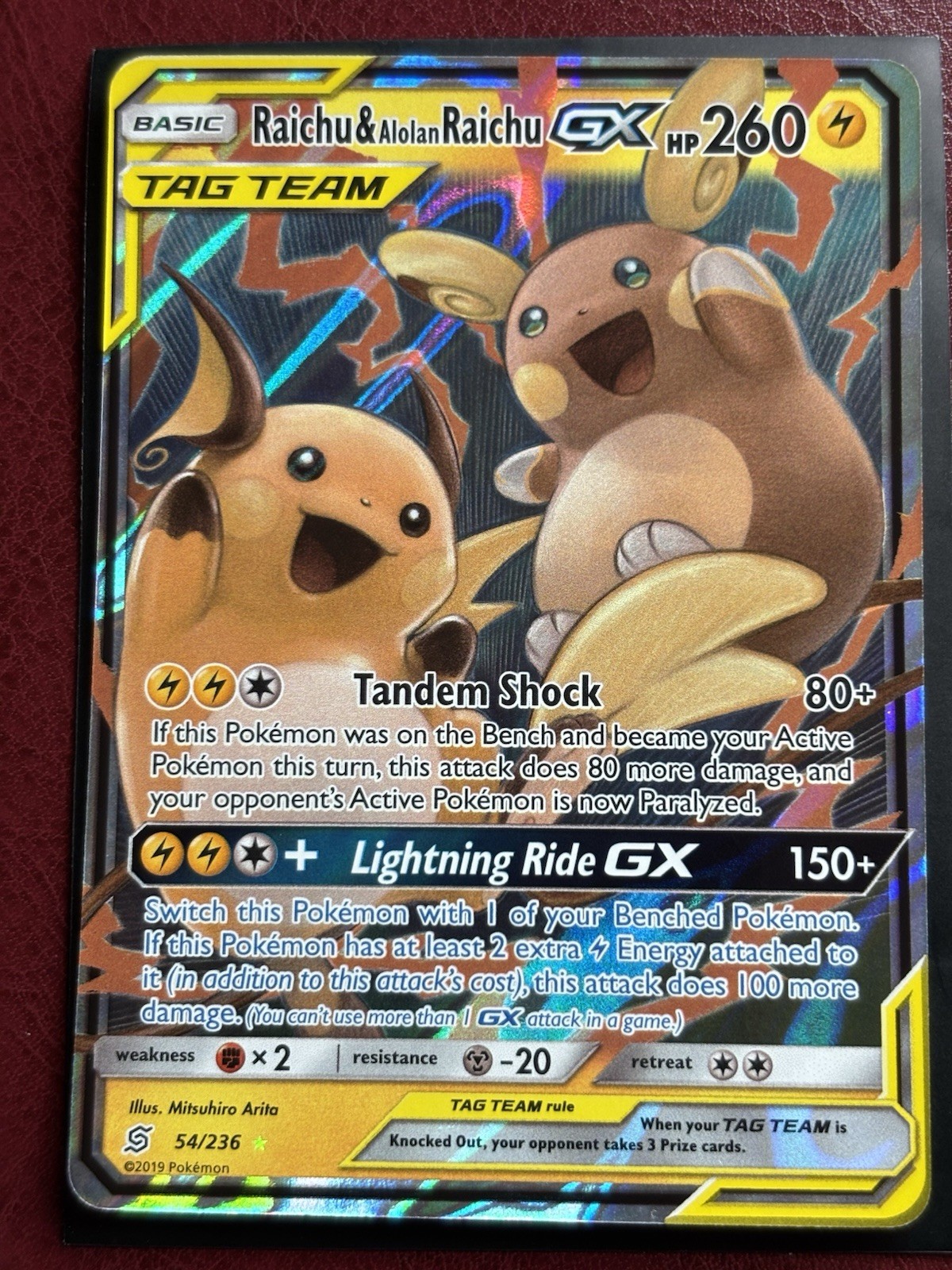 Pokémon Raichu & Alolan Raichu GX Tag Team Holo Unified Minds 54/236 English