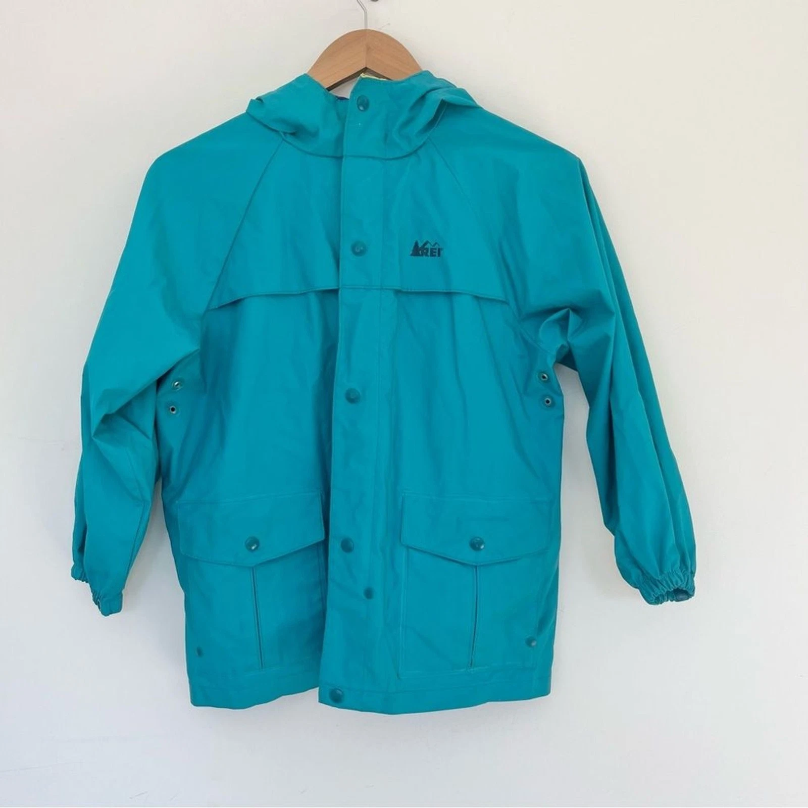 Vintage REI Kids Teal Rain Jacket Outdoor Windbreaker w Hood Waterproof 8/10 M