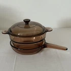 Vintage Corning Ware Vision Double Boiler Set Amber V-20-B & V 1.5 C Pyrex Lid