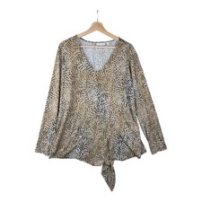 Susan Grave Animal Print Liquid Knit Side Tie V-Neck Top size XL Brown/Tan