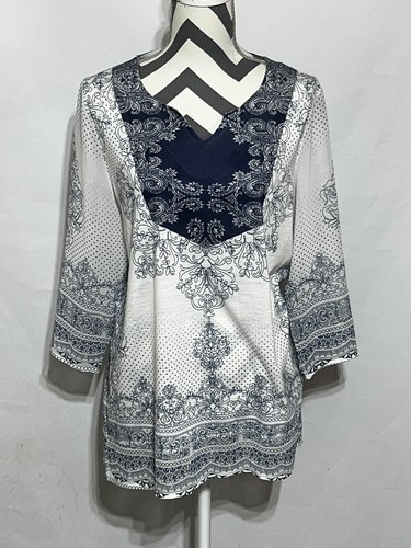 Chicos Women Blue White Top Blouse Pullover V Neck Top Size 1 Boho Casual Dressy - Picture 3 of 10