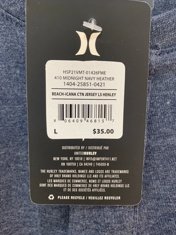 Hurley Men’s Long Sleeve Henley Shirt Beach Palm Tree Size Large New With Tag - Image 4 of 4