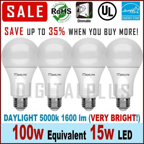 4 LED Light Bulbs 15W / 100W Replacement 1600L Daylight 5000K A19 Dimmable E26 - Picture 3 of 3