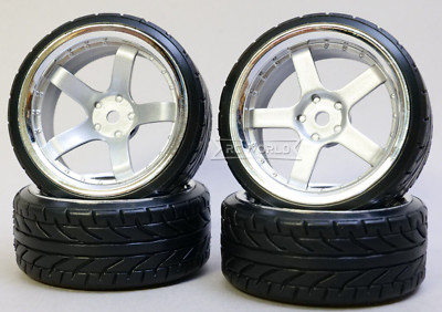 RC 1/10 DRIFT Wheels 5 Star SILVER W/ Chrome Lip STAGGER 3+9mm Drift Tread -4PCS