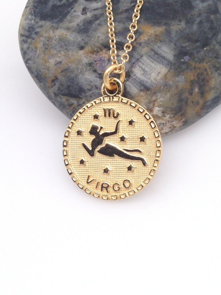 Gold Virgo Zodiac Pendant Necklace 925 Sterling Silver Womens 15mm